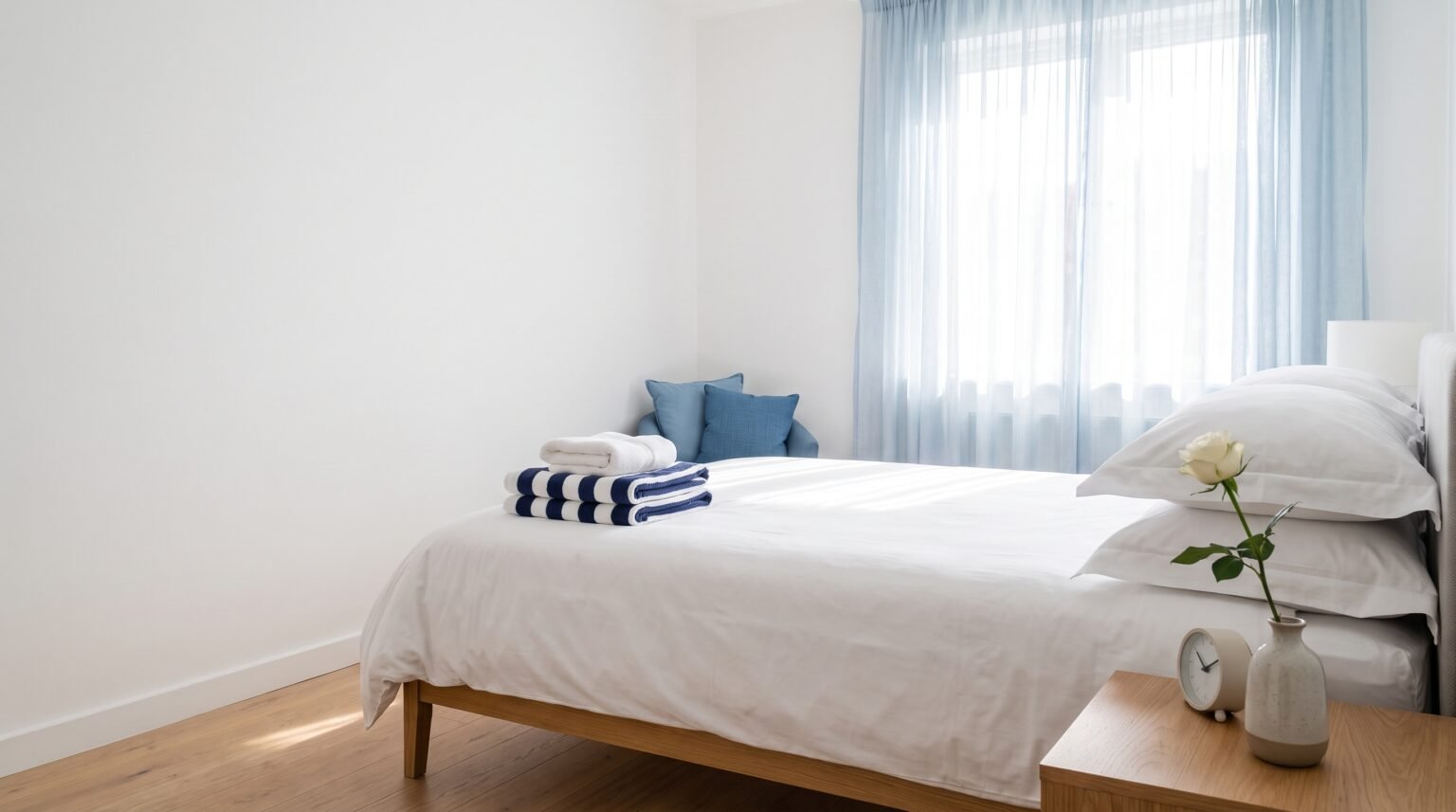 Airbnb bedroom prepared for guests with fresh white linen and folded towels