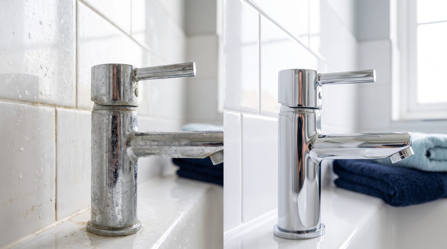 Bathroom taps comparison showing limescale beside polished chrome