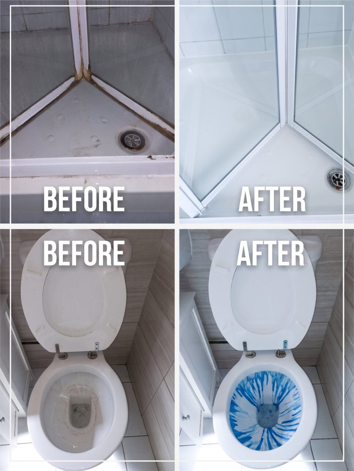 Before and after: shower enclosure and toilet deep cleaned by Glosam Cleaning Service