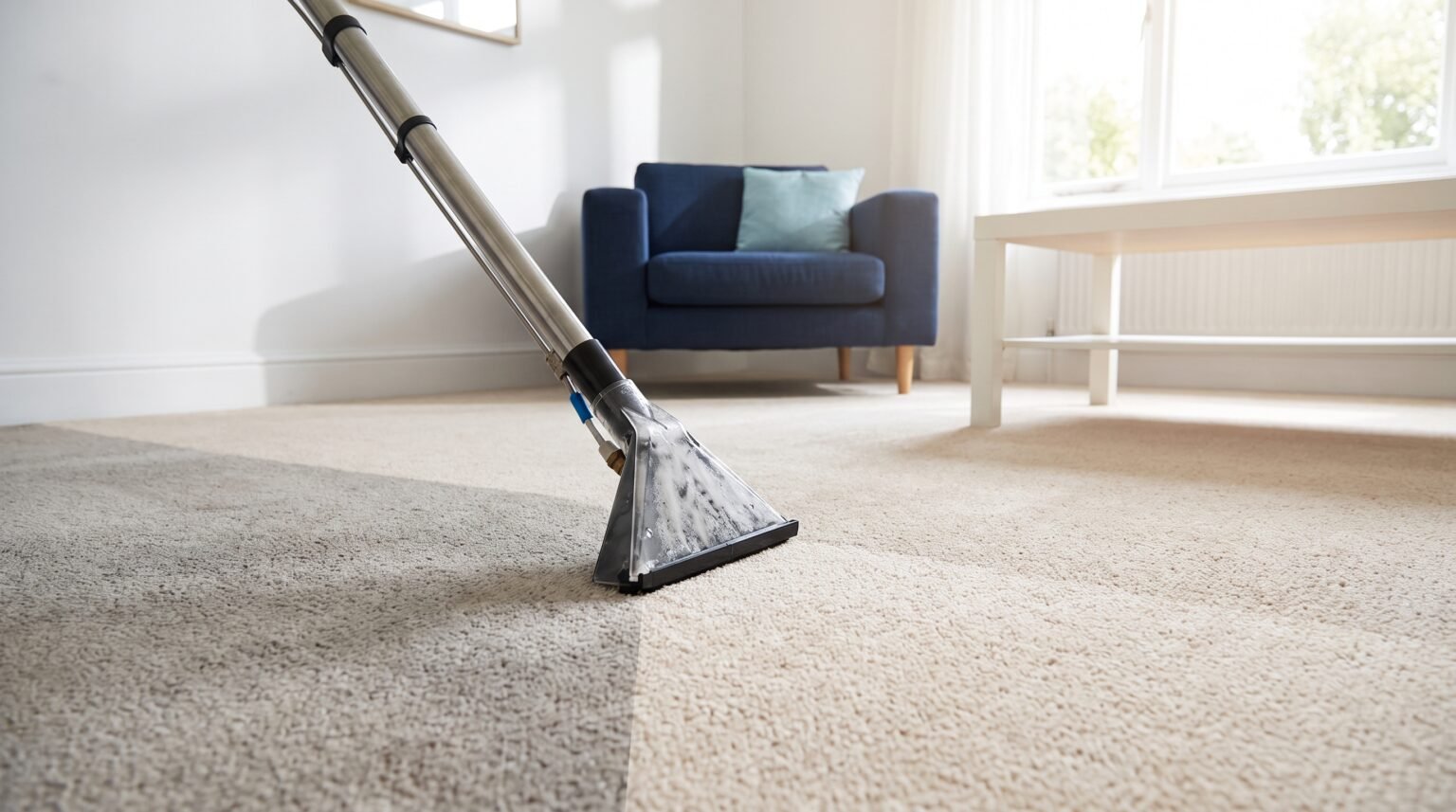 Carpet cleaning comparison showing dull soiled carpet beside a freshly cleaned section
