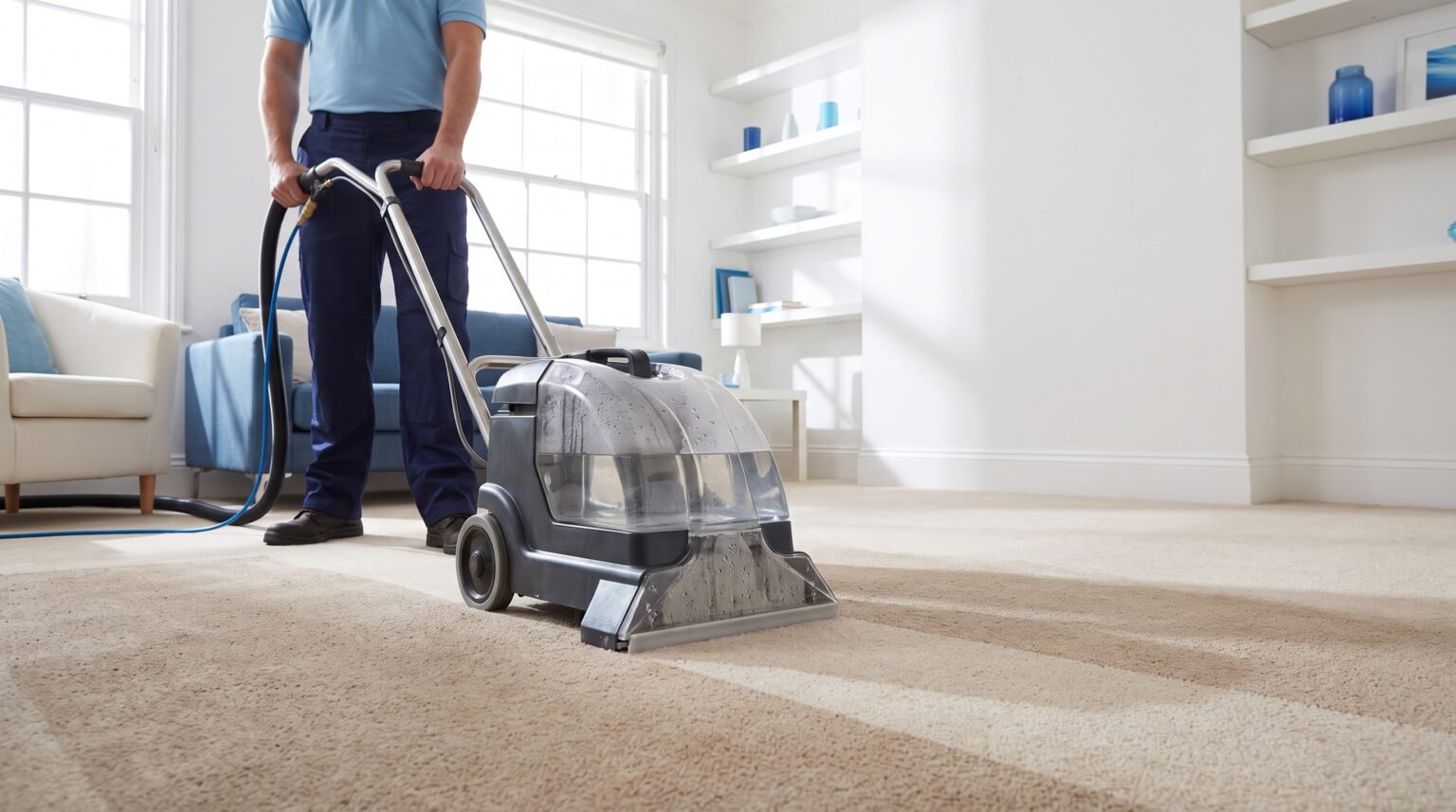 Carpet cleaning machine restoring a living room carpet in Stevenage