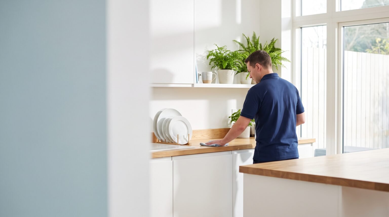 Professional cleaner tidying a bright modern living room in Stevenage, Hertfordshire