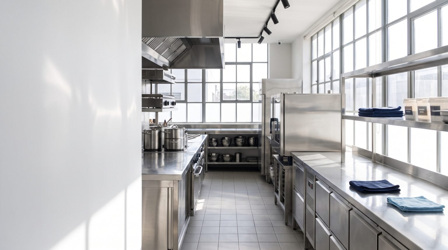 Spotless commercial kitchen with polished stainless steel surfaces