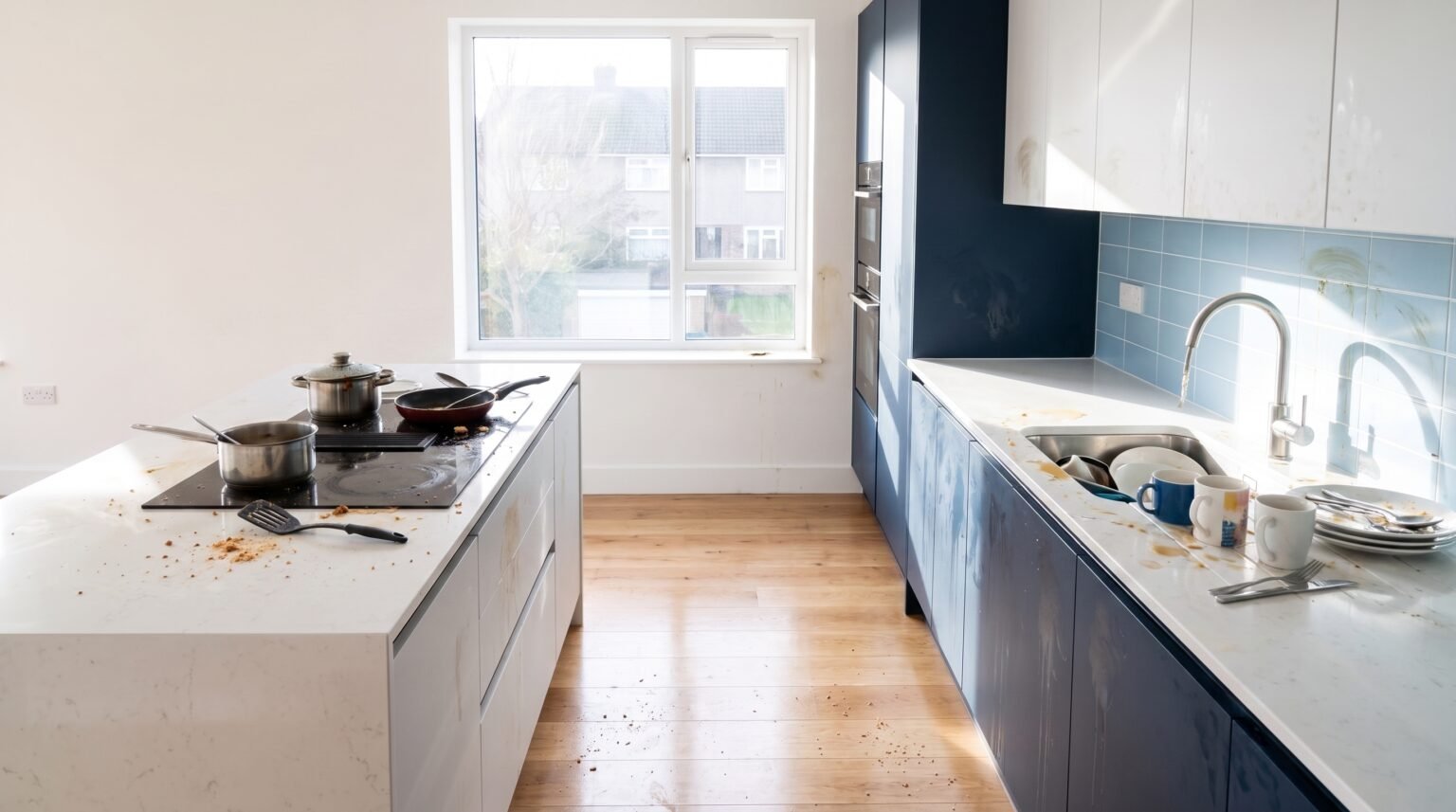 The same kitchen spotless and clear after a professional deep clean