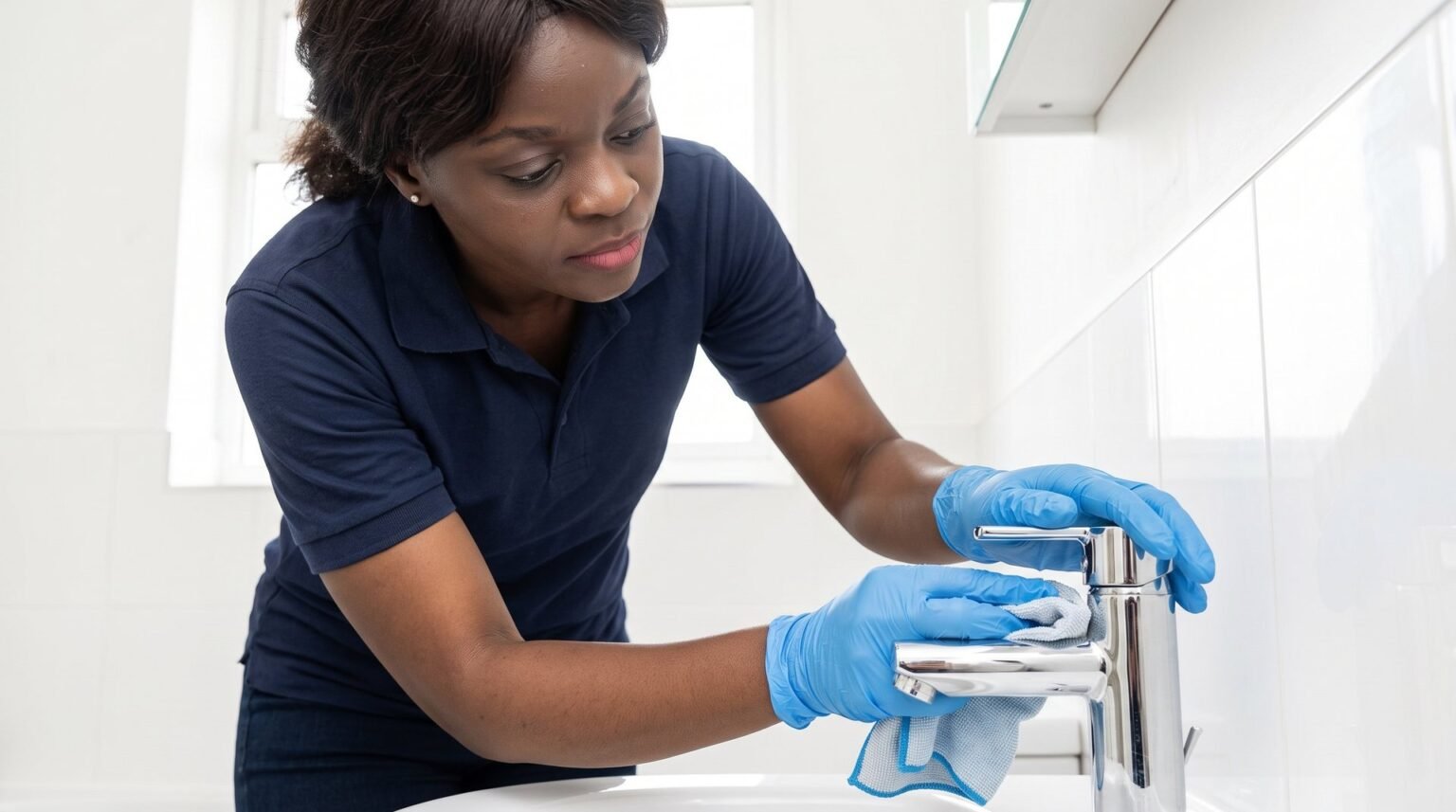 Glosam cleaner polishing bathroom taps during a deep clean