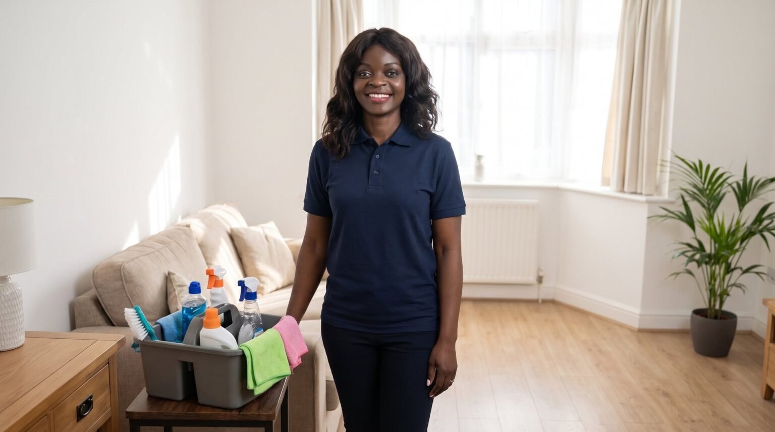 Glosam cleaner with cleaning supplies in a tidy Hertfordshire living room