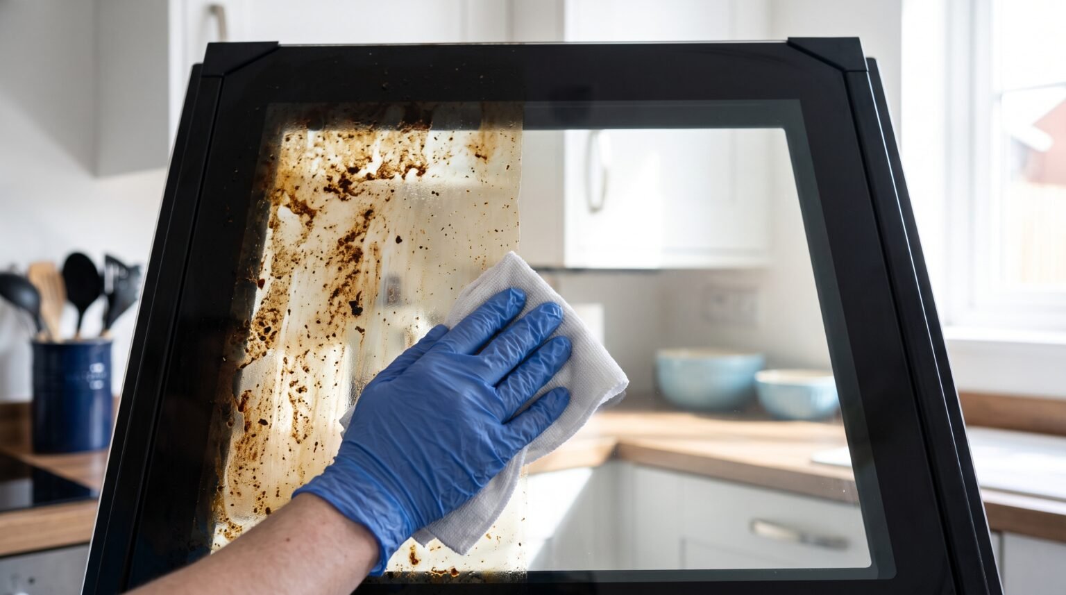 Oven door comparison showing baked on grease beside a gleaming clean surface